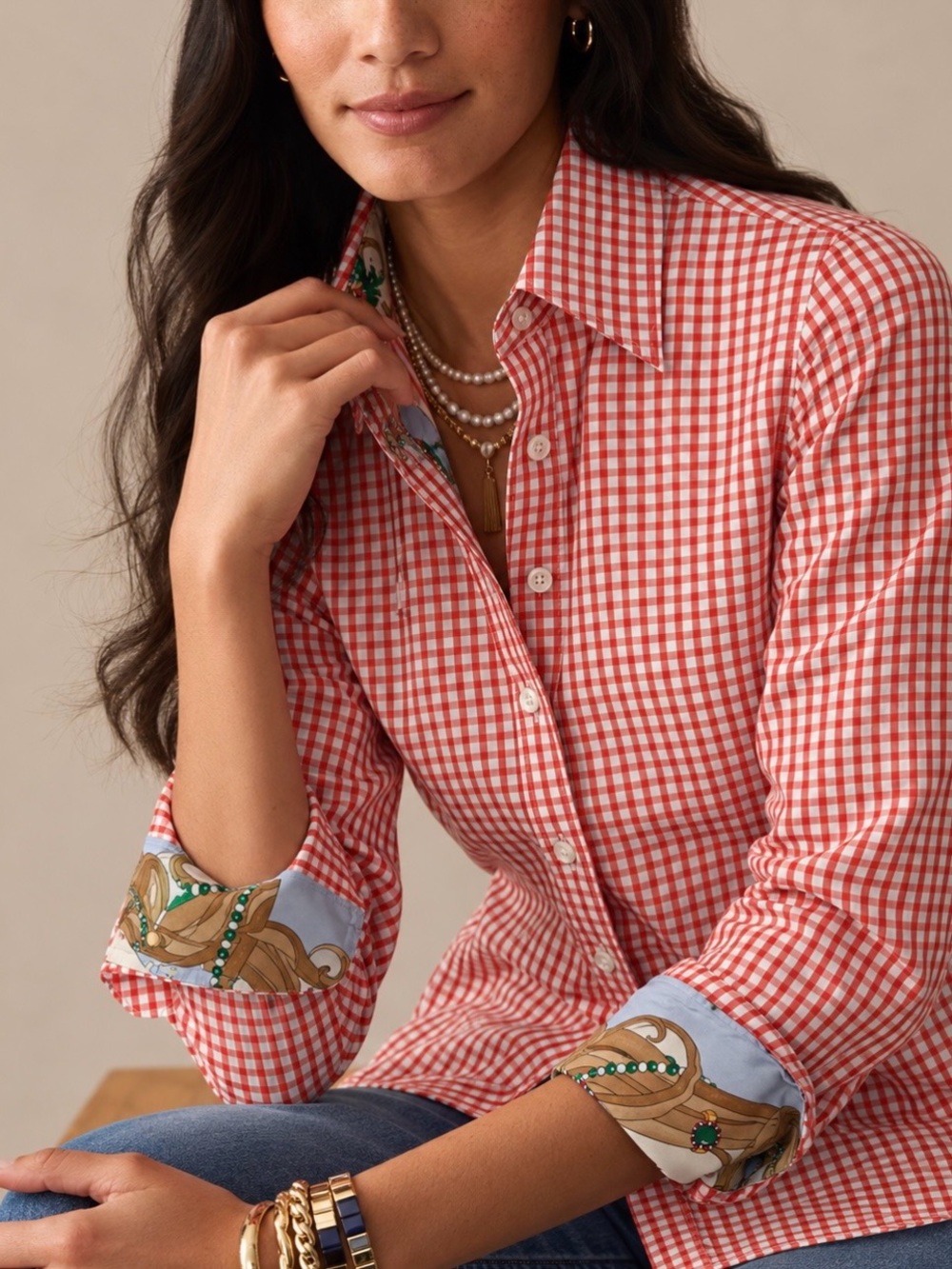 J. McLaughlin Gingham Button Down Shirt Silk Contrast Cuffs Size 2 Quiet Luxury